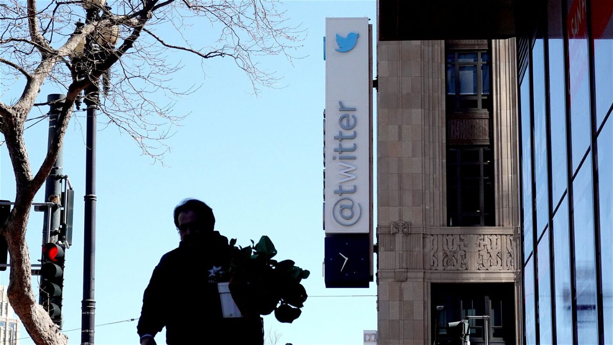 <i>Justin Sullivan/Getty Images</i><br/>A modified company sign is posted on the exterior of the Twitter headquarters on April 10 in San Francisco
