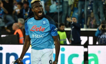 Victor Osimhen celebrates scoring the goal which secured Napoli's third Serie A title.