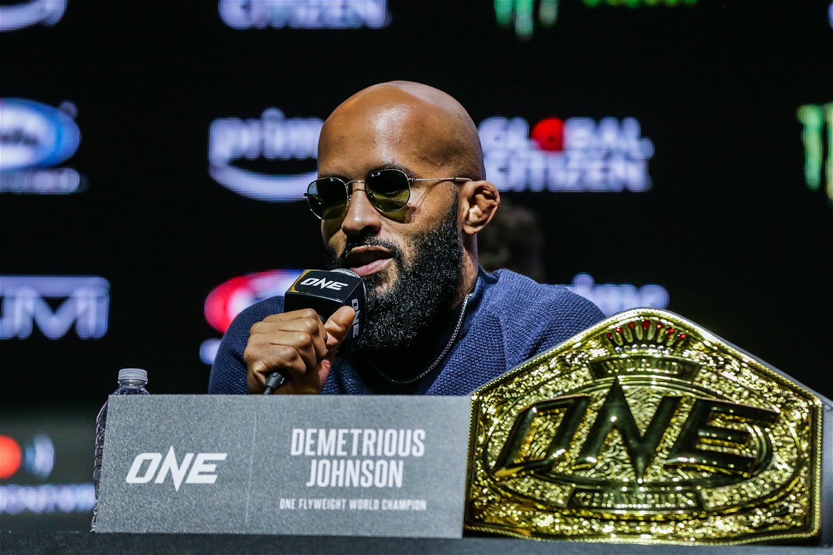 <i>Dux Carvajal/ ONE Championship</i><br/>One Championship flyweight world champion Demetrious Johnson speaks at a pre-fight press conference at 1stBank Center in Denver