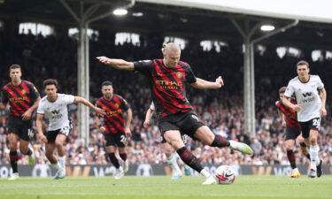 Haaland scores from the penalty spot against Fulham -- one of the 51 goals he has netted this season.