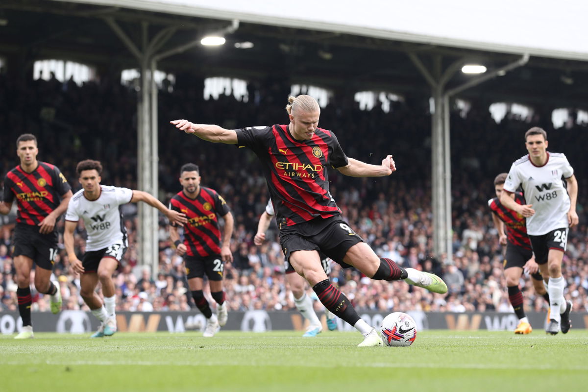 <i>Jacques Feeney/Offside/Getty Images</i><br/>Haaland scores from the penalty spot against Fulham -- one of the 51 goals he has netted this season.