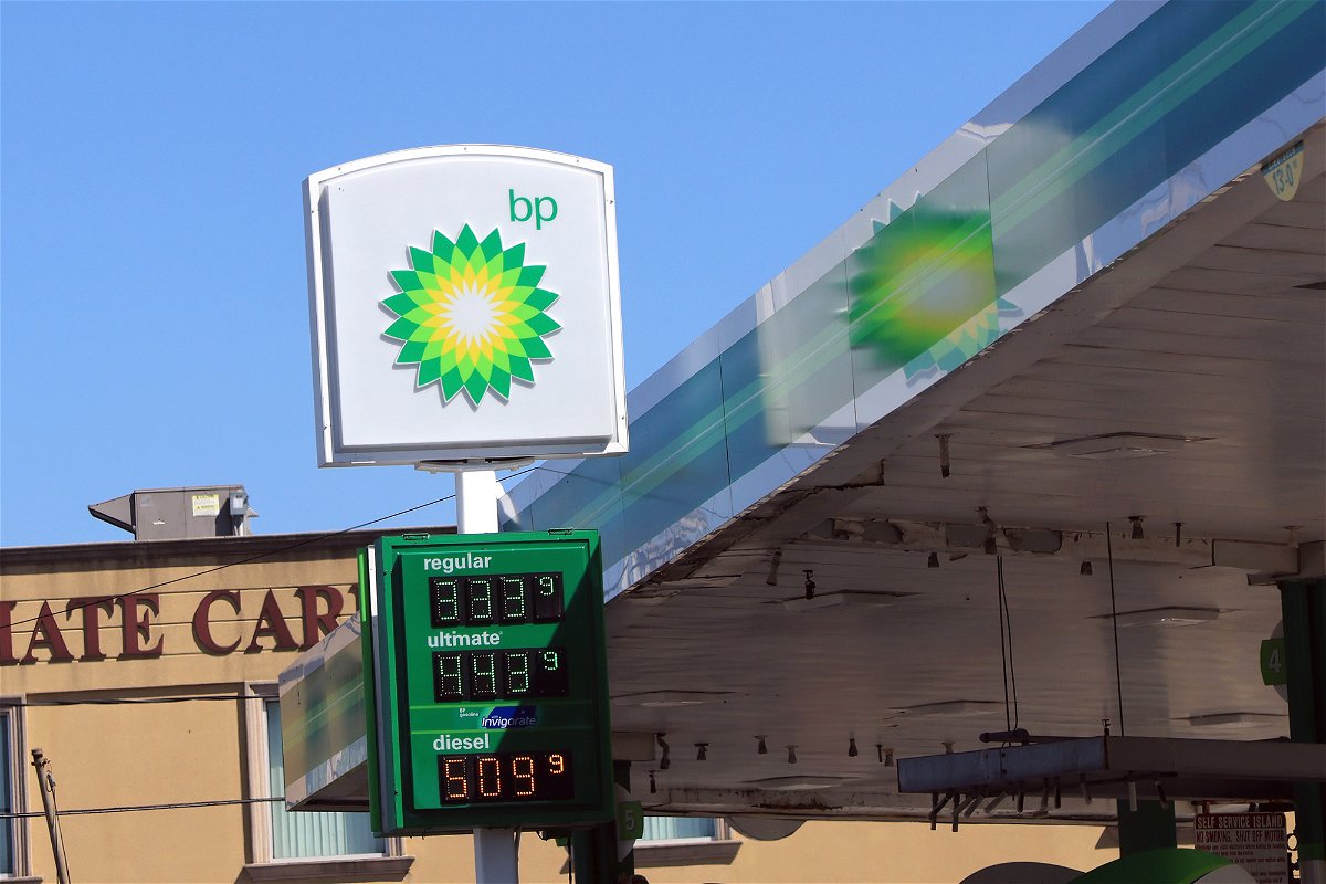 <i>Bruce Bennett/Getty Images</i><br/>Shares of BP fell Tuesday after a drop in its first-quarter profit. Pictured is a BP gas station in 2022 in New York.