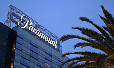 The Paramount logo is displayed at Columbia Square along Sunset Blvd in Hollywood