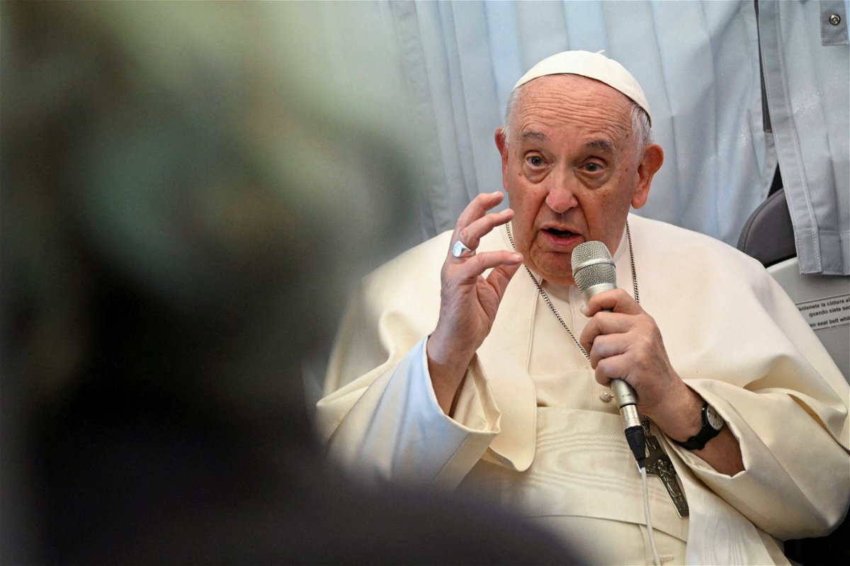 <i>Vatican Media/Reuters</i><br/>Pope Francis holds a news conference as he returns to the Vatican following his apostolic journey to Hungary