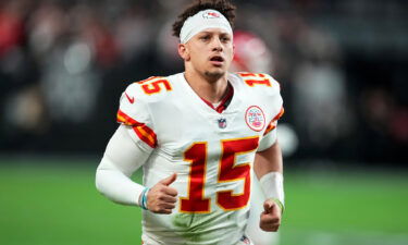 Patrick Mahomes runs off the field after the first half against the Las Vegas Raiders at Allegiant Stadium on January 7.