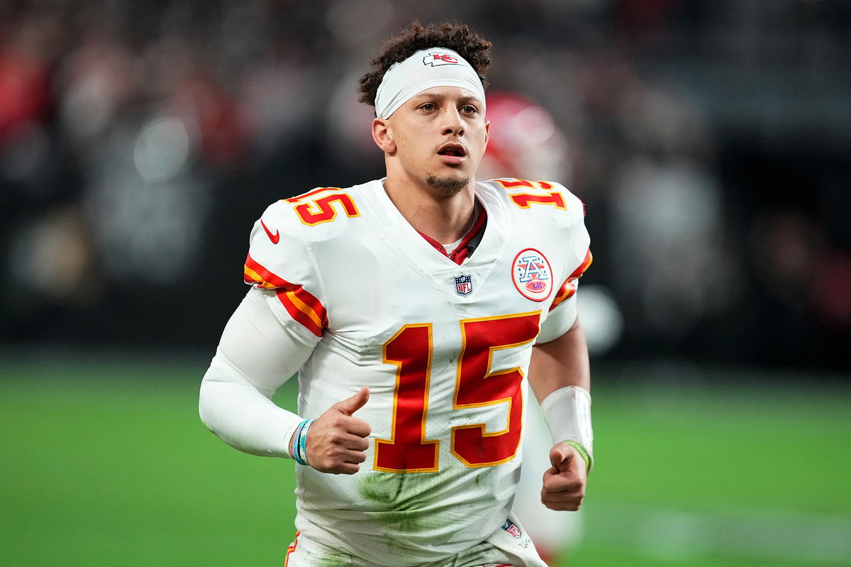 <i>Chris Unger/Getty Images</i><br/>Patrick Mahomes runs off the field after the first half against the Las Vegas Raiders at Allegiant Stadium on January 7.