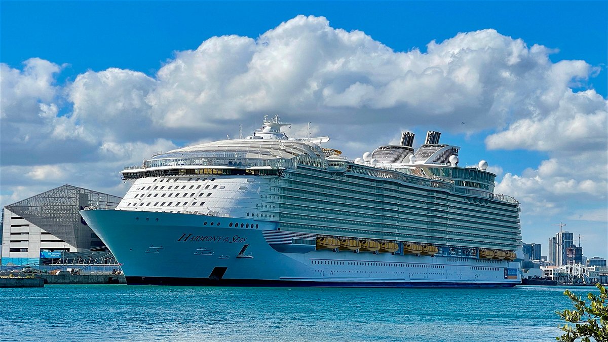 A man is charged after installing a hidden camera in a public bathroom on a Royal Caribbean ship. Pictured is Royal Caribbean's Harmony of the Seas ship in 2020.