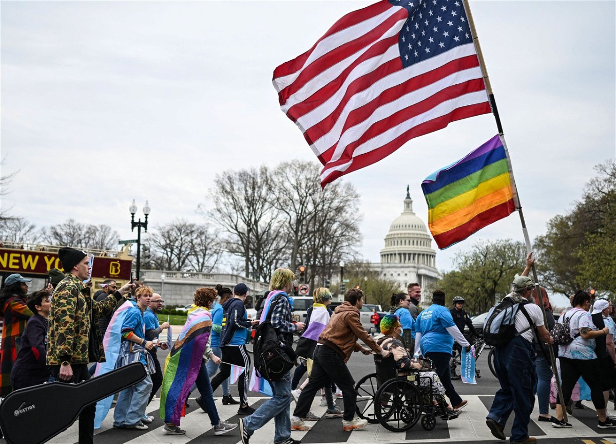 <i>Andrew Caballero-Reynolds/AFP/Getty Images/File</i><br/>Supporters of LGBTQA+ rights march from Union Station towards Capitol Hill in Washington