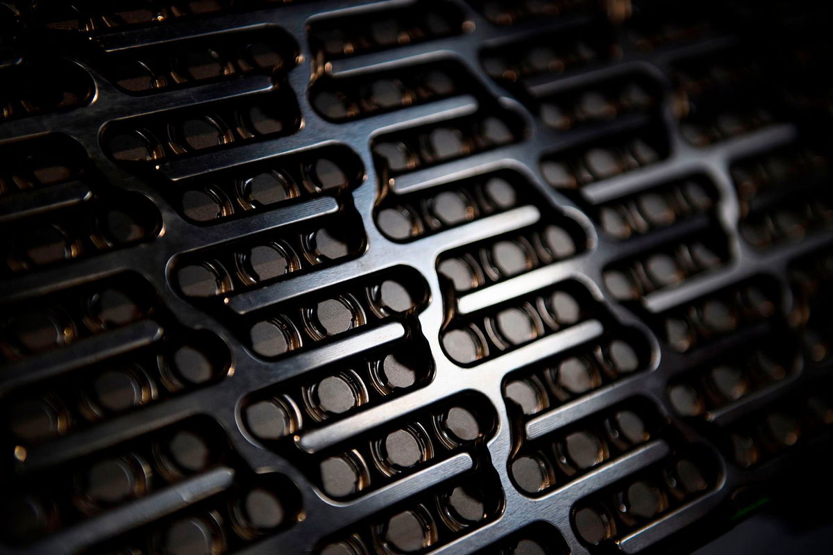 <i>Patrick T. Fallon/AFP/Getty Images</i><br/>Detail of individual battery cells contained inside a model of the battery pack module for a Lucid electric luxury vehicle at the Lucid Motors Inc. studio and service center on February 25