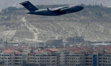 A US Air Force aircraft takes off from the airport in Kabul on August 30