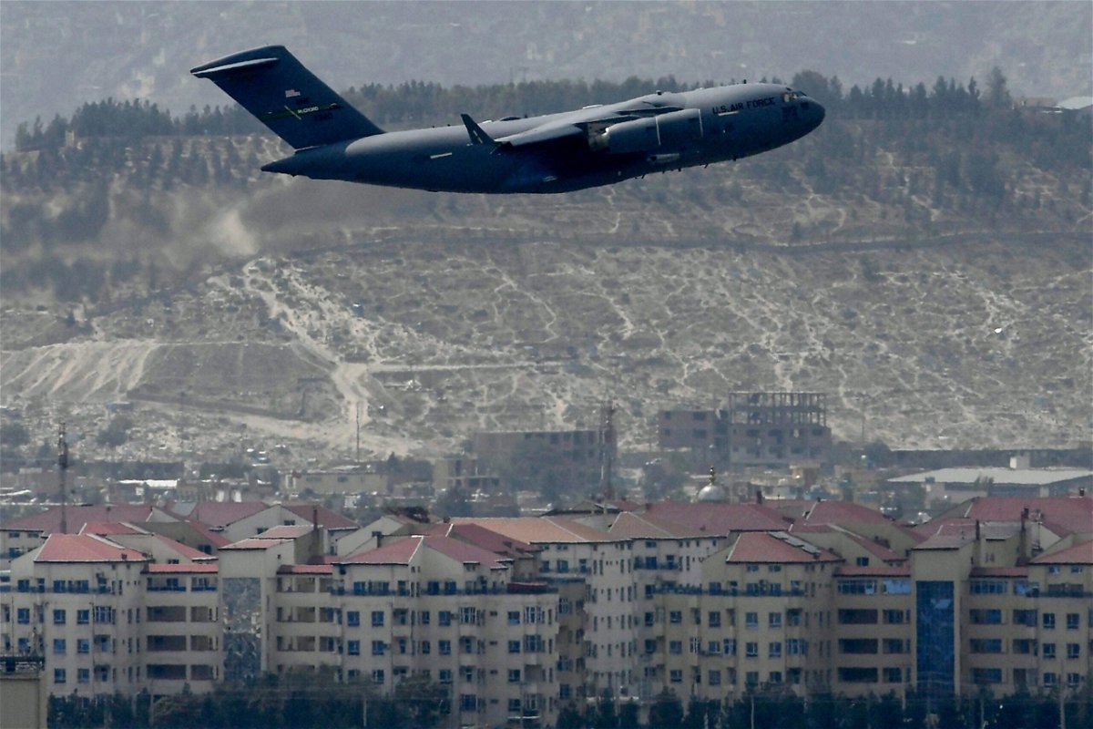 <i>AAMIR QURESHI/AFP/Getty Images</i><br/>A US Air Force aircraft takes off from the airport in Kabul on August 30