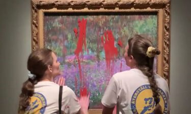 This handout video grab taken from footage provided by action network Aterstall Vatmarker on June 14 shows two activists smearing paint on the painting "The Artist's Garden at Giverny" (1900) by French artist Claude Monet (1840-1926) at the National Museum in Stockholm