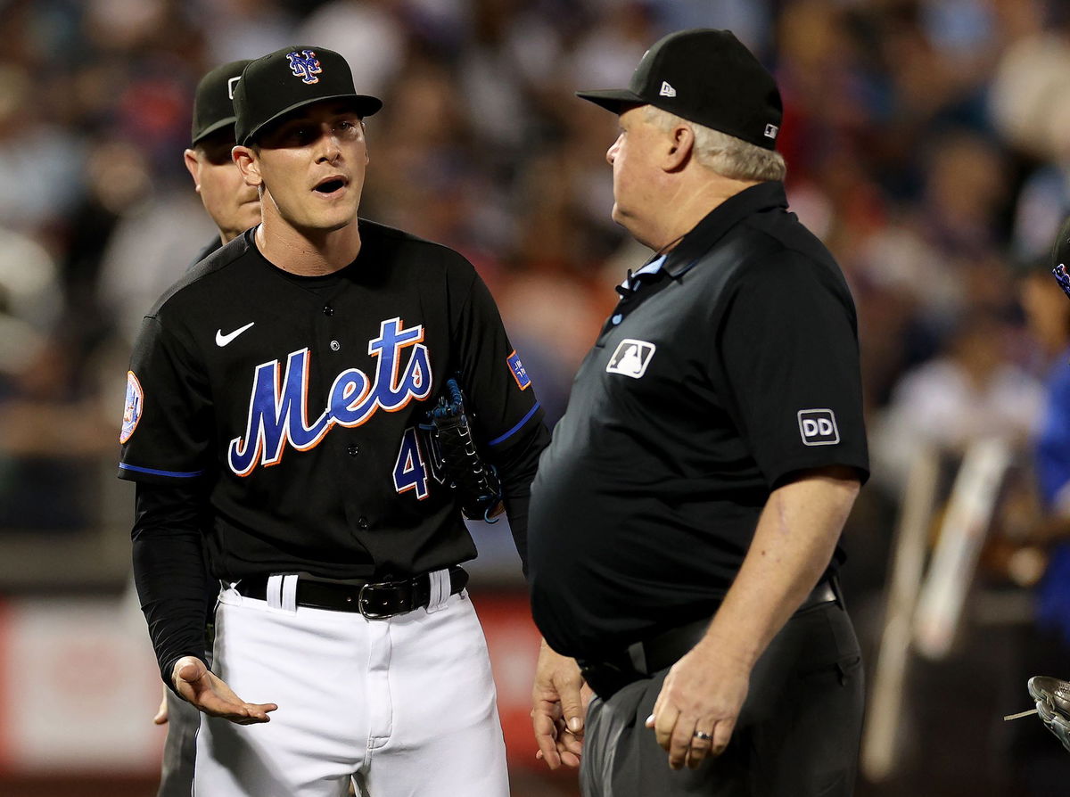 <i>Elsa/Getty Images</i><br/>Umpire Bill Miller throws out New York Mets pitcher Drew Smith for use of a sticky substance on his hands.