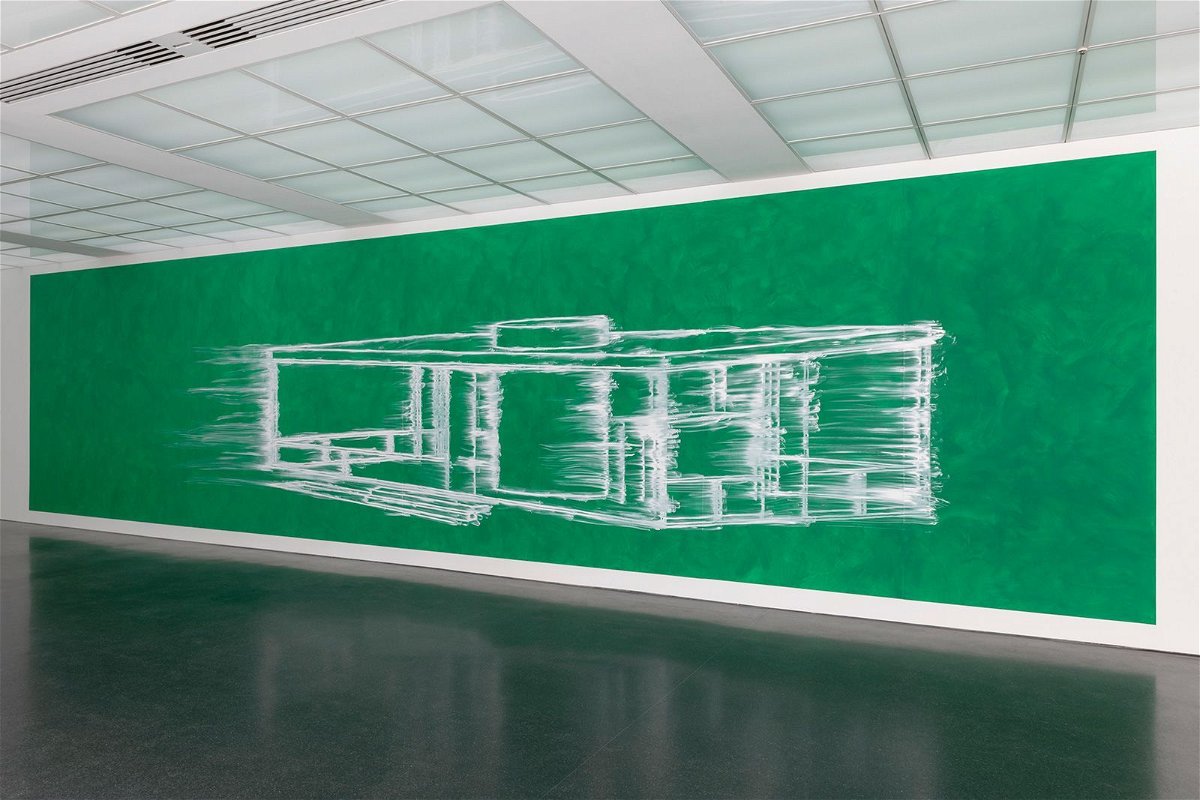 <i>MCA Chicago</i><br/>Simmons recreated this monumental chalk drawing of Philip Johnson's Glass House for the MCA Chicago's show
