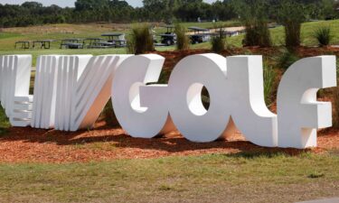 The LIV logo on display at the entrance of a LIV Golf event at Orange County National.