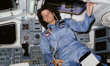 The late former NASA astronaut Sally Ride floats in microgravity while in low-Earth orbit on the aft flight deck of the orbiter Challenger during the STS-7 mission in 1983