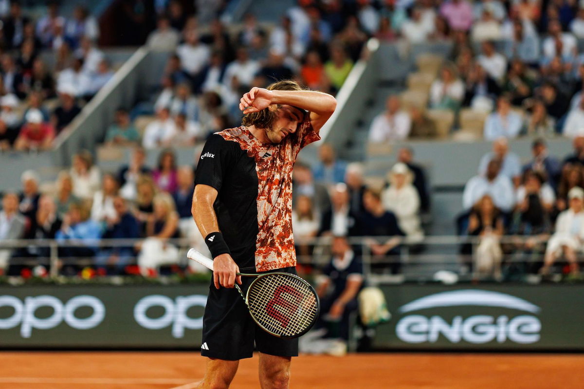 <i>Frey/TPN/Getty Images</i><br/>Stefanos Tsitsipas cut a frustrated figure in his quarterfinal match against Carlos Alcaraz.