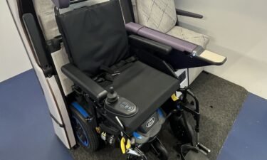 Here's the seat prototype in its wheelchair mode on display at the Airline Interiors Expo in Hamburg