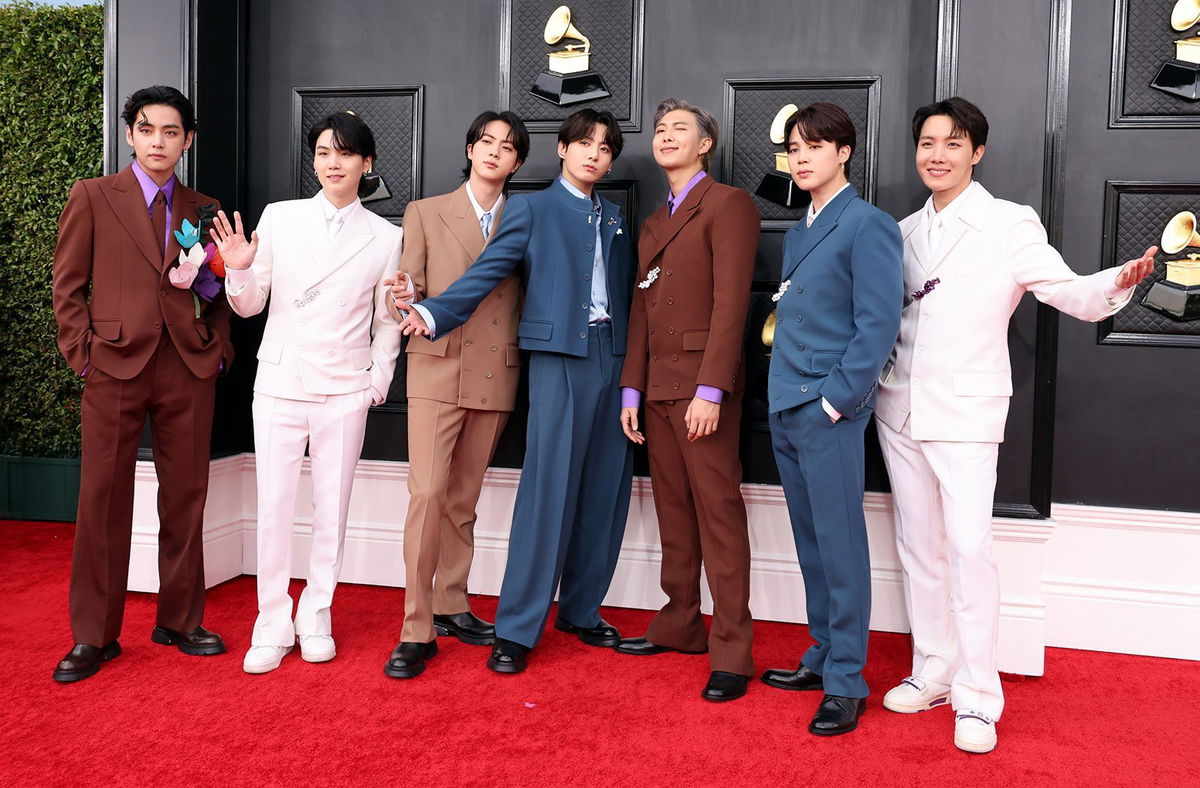 <i>Amy Sussman/Getty Images</i><br/>BTS attended the 2022 Grammy Awards in complementary Louis Vuitton suits that are being exhibited in Seoul this month to mark the band's anniversary.