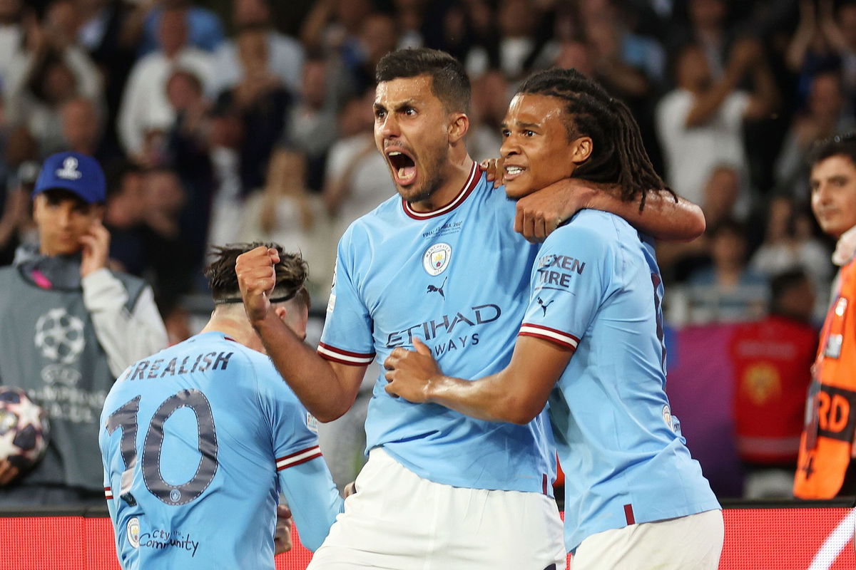 <i>Catherine Ivill/Getty Images</i><br/>Rodri (left) of Manchester City celebrates scoring the only goal of the game.