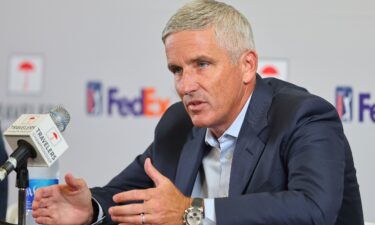 PGA Tour Commissioner Jay Monahan addresses the media during a press conference prior to the Travelers Championship at TPC River Highlands on June 22