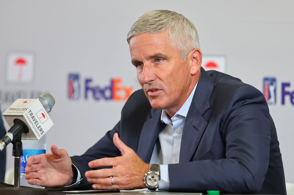<i>Michael Reaves/Getty Images</i><br/>PGA Tour Commissioner Jay Monahan addresses the media during a press conference prior to the Travelers Championship at TPC River Highlands on June 22