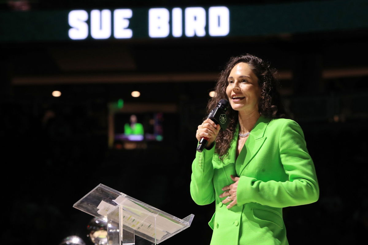 <i>Scott Eklund/NBAE/Getty Images</i><br/>Sue Bird gives a speech during her jersey retirement ceremony on June 11