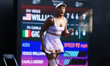 Venus Williams celebrates winning match point against Camila Giorgi in the Rothesay Classic.