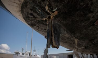 The rudder of a ship damaged by orcas while in the Strait of Gibraltar is shown in Barbate in southern Spain