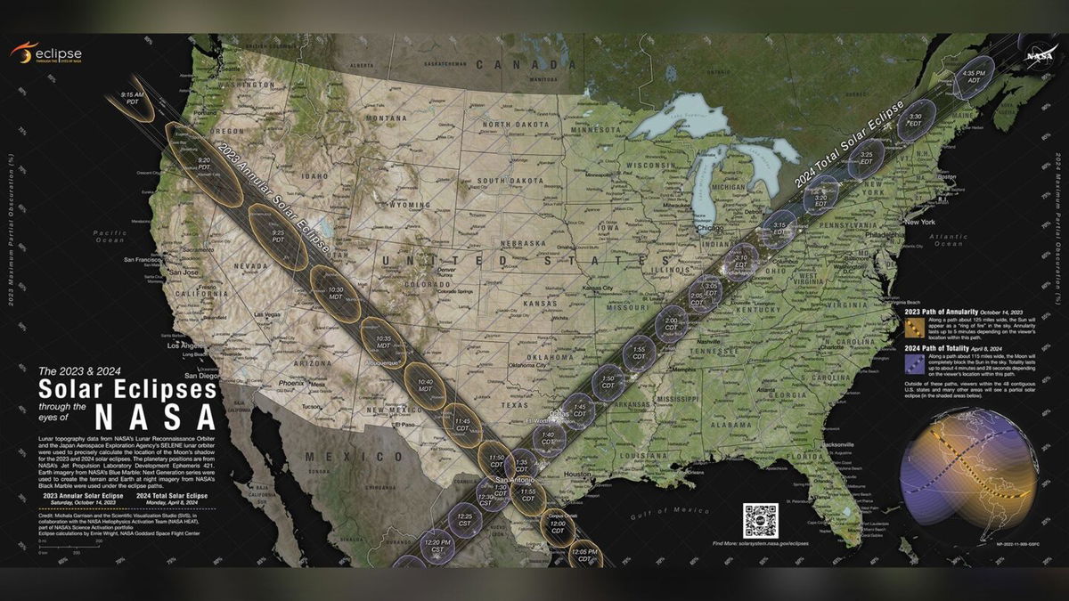 <i>Scientific Visualization Studio//NASA</i><br/>A map shows the path of the annular solar eclipse in October in yellow circles and the 2024 total solar eclipse in blue circles.