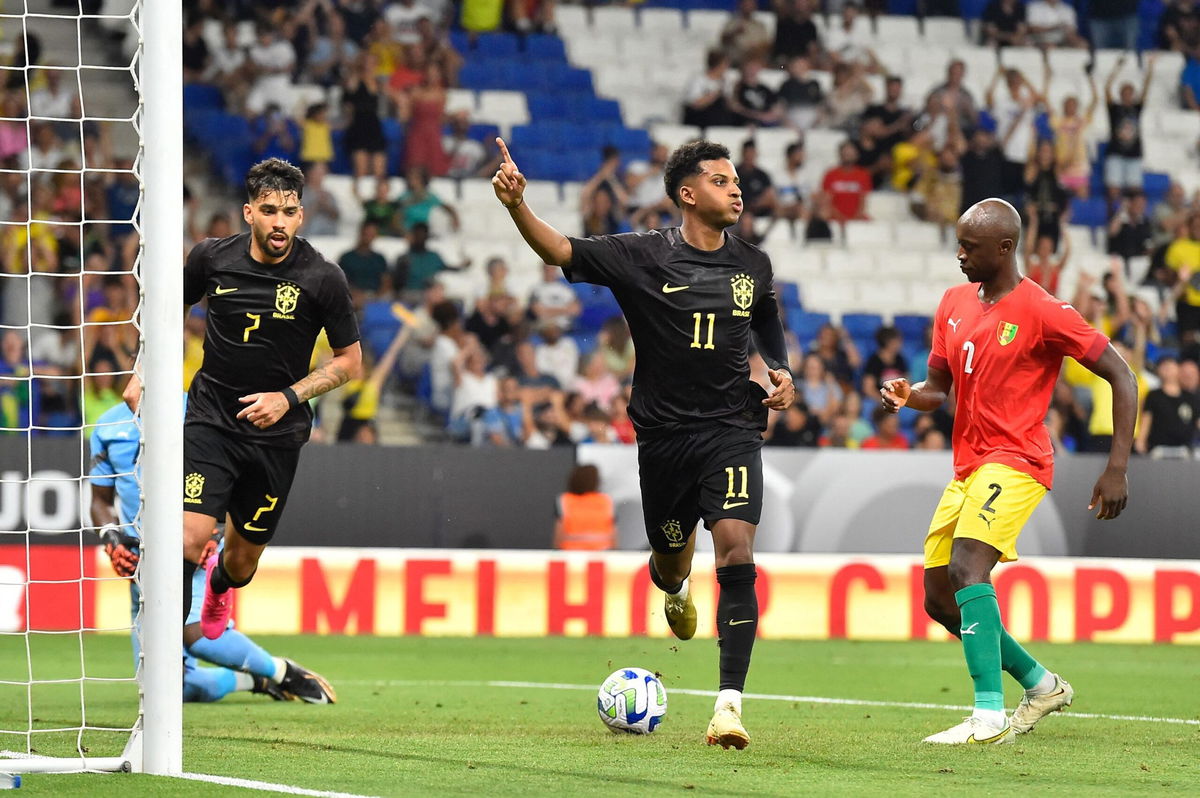 <i>Pau Berrena/AFP/Getty Images</i><br/>Brazil's forward Rodrygo (C) celebrates after scoring his team's second goal.