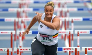 Boumkwo heads for the finish line in the 100-meter hurdles at the European Athletics Team Championships in Poland.