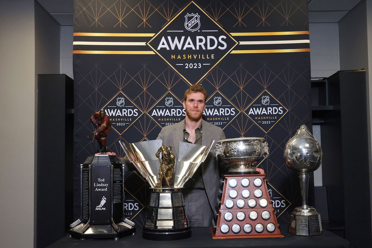 <i>Bruce Bennett/Getty Images</i><br/>Connor McDavid poses with the Ted Lindsay Award