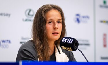 Daria Kasatkina talks to the media after defeating Anhelina Kalinina at Eastbourne