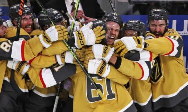 Mark Stone #61 of the Vegas Golden Knights celebrates after scoring an empty-net hat trick goal.