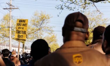 UPS workers and Teamsters members during a rally outside a UPS hub in the Brooklyn borough of New York