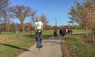 Pukonen traveled on a pogo stick  through the Canadian city of Winnipeg for 10 kilometers.