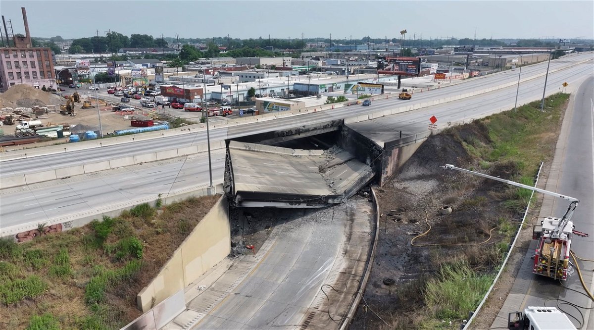 <i>Billy Kyle/Reuters</i><br/>An image from social media shows the toppled remains of an I-95 overpass in Philadelphia on Sunday.