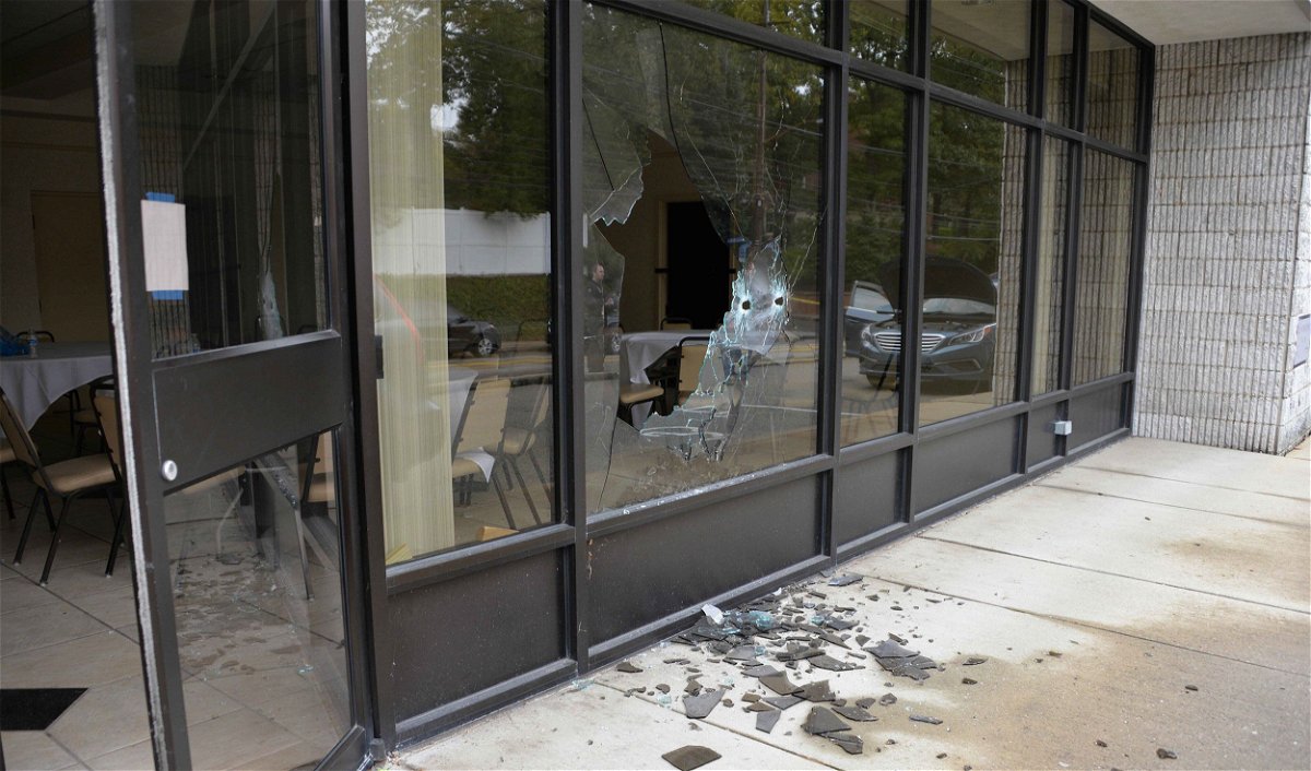<i>US District Court Western PA</i><br/>A photo exhibit entered into evidence in the trial showed bullet holes shattered the glass windows of the synagogue.