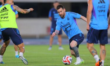 Argentina's Lionel Messi trains at the Beijing Olympic Stadium on June 11.