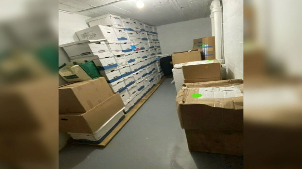 <i>US District Court/Southern District of Florida</i><br/>Boxes of classified documents are stored inside the Mar-a-Lago Club's Storage Room in this photo included in Donald Trump's federal indictment.
