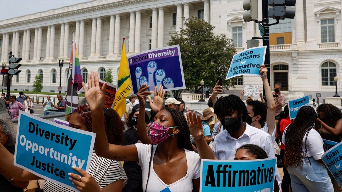 <i>Anna Moneymaker/Getty Images</i><br/>Supporters of affirmative action protest near the US Supreme Court Building on Capitol Hill on June 29