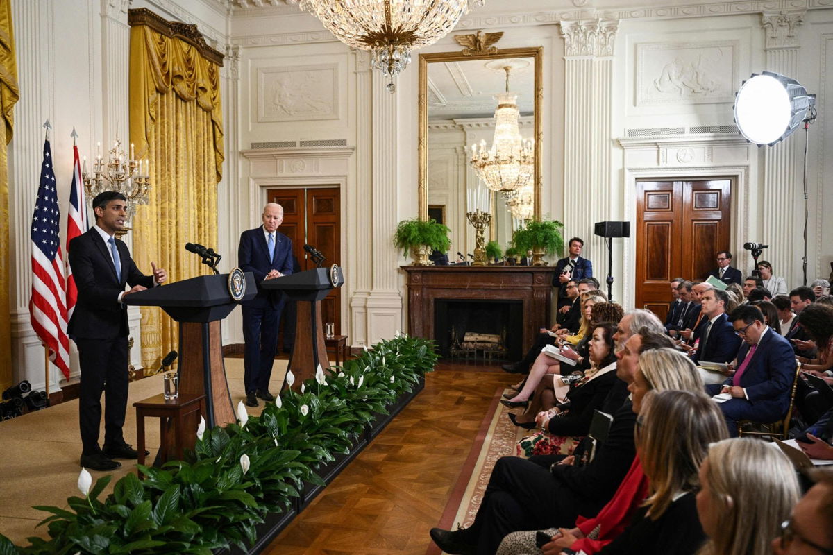<i>Brendan Smialowski/AFP/Getty Images</i><br/>US President Joe Biden and British Prime Minister Rishi Sunak hold a joint-press conference in the East Room of the White House in Washington