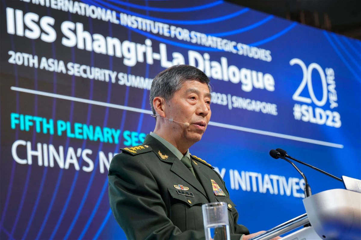 <i>Vincent Thian/AP</i><br/>Chinese Defense Minister Gen. Li Shangfu delivers his speech on the last day of the Shangri-La Dialogue in Singapore on June 4. Li on Sunday accused the United States and its allies of trying to destabilize the Indo-Pacific.