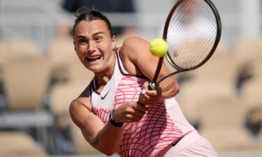 Aryna Sabalenka plays a shot against Ukraine's Marta Kostyuk during their first-round match on May 28