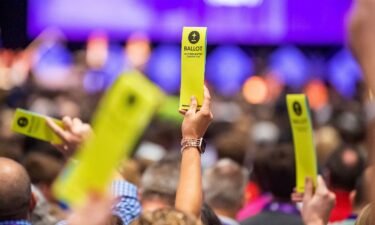 Delegates hold up their ballots at the Southern Baptist Convention at the New Orleans Ernest N. Morial Convention Center in New Orleans