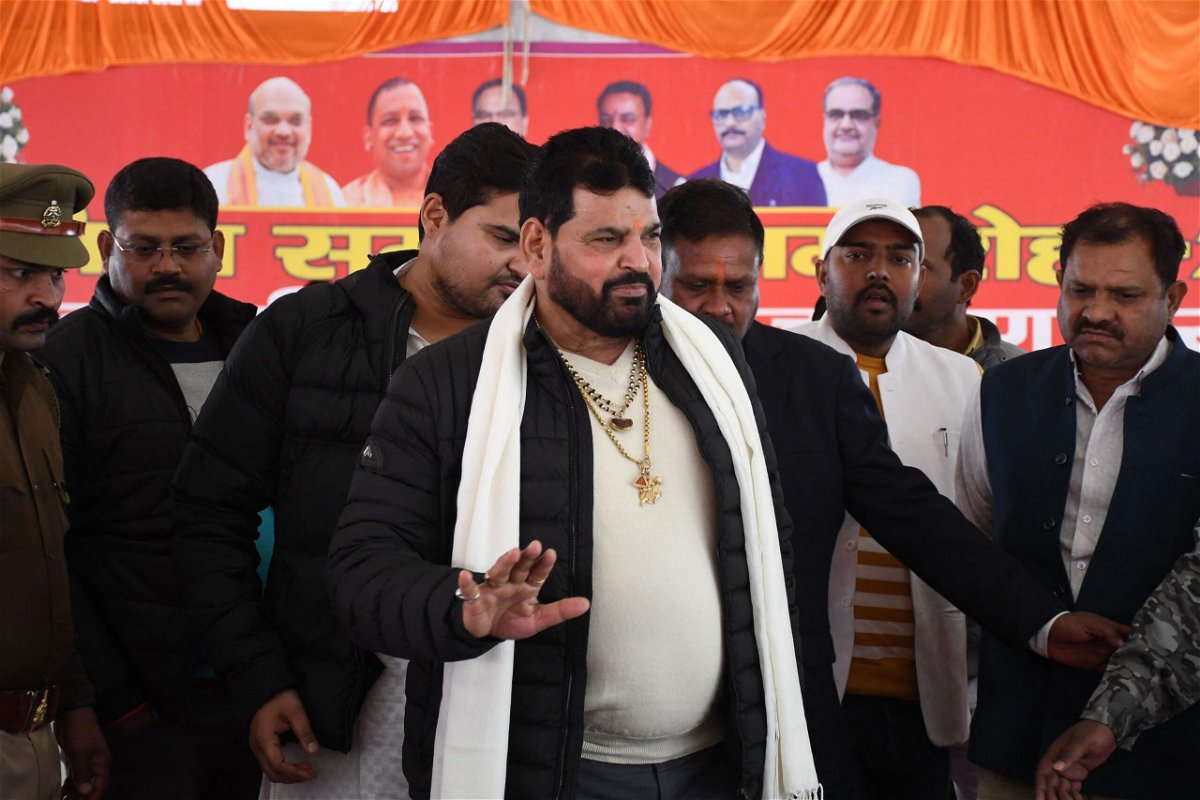 <i>AFP/Getty Images</i><br/>Wrestling Federation of India (WFI) president Brij Bhushan Sharan Singh (C) arrives to address a press conference in Gonda on January 20.