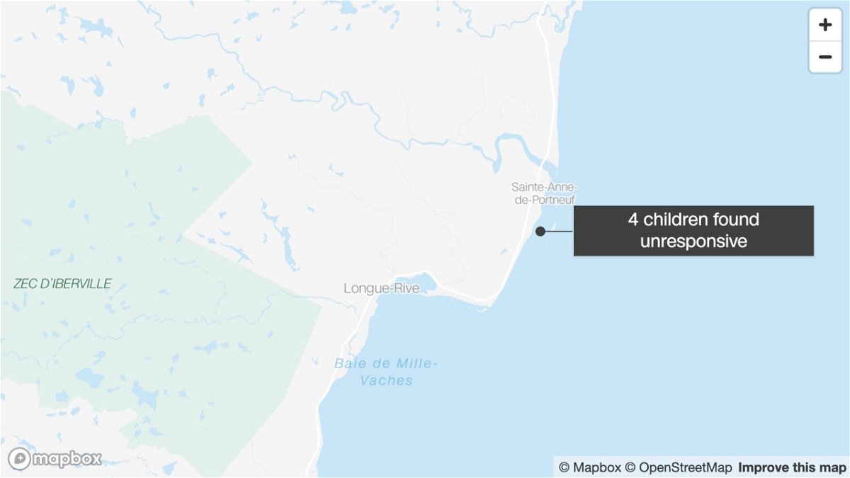 <i>Mapbox</i><br/>Four children were found unresponsive on a beach in Quebec Saturday morning and later pronounced dead after a group of people on a fishing trip got caught in the tide