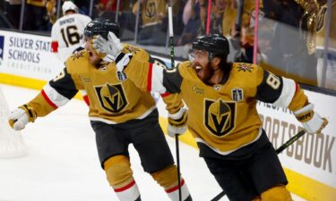 Jonathan Marchessault #81 of the Vegas Golden Knights celebrates a goal with Ivan Barbashev #49 during Game One of the NHL Stanley Cup Final on June 3 at T-Mobile Arena in Las Vegas