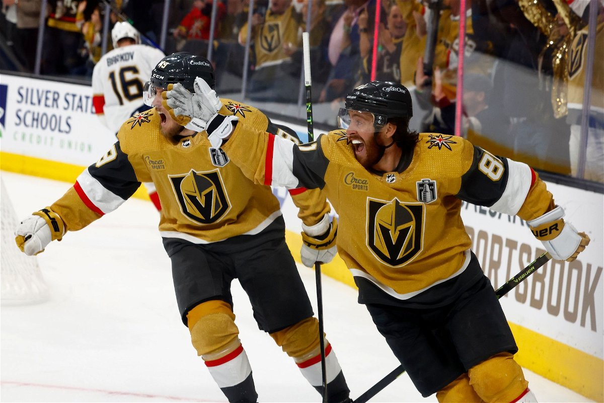 <i>Jeff Speer/Icon Sportswire/Getty Images</i><br/>Jonathan Marchessault #81 of the Vegas Golden Knights celebrates a goal with Ivan Barbashev #49 during Game One of the NHL Stanley Cup Final on June 3 at T-Mobile Arena in Las Vegas